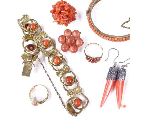 Various coral jewellery, including double-row hinged bangle, bracelet, ring etc, 90.2g grossLot sold as seen unless specific 