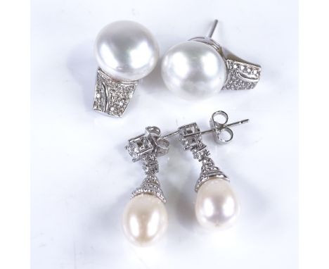 A pair of 14ct white gold whole pearl and diamond earrings, 9.3g, and a pair of unmarked white metal white sapphire and pearl