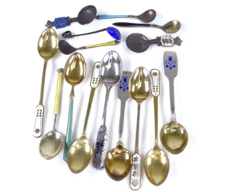 Various Scandinavian silver, unmarked white metal and enamel flatware, including coffee spoons, salt spoons etc, 3.2oz totalL