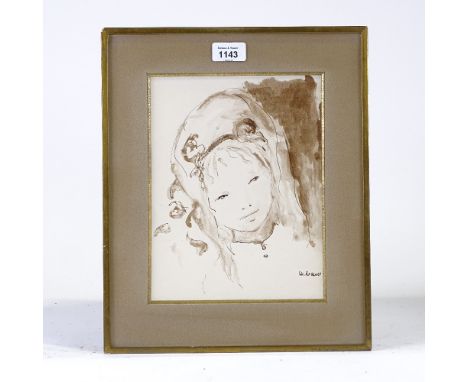 M Kramer, sepia watercolour portrait, signed, 10" x 7.5", framedGood condition 