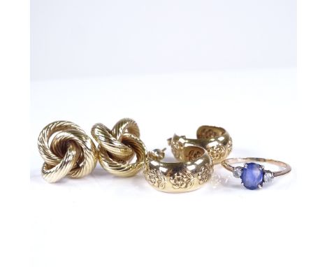 Various jewellery, including unmarked gold 3-stone blue and white sapphire ring, size R, 1.9g, and 2 pairs of 9ct gold earrin