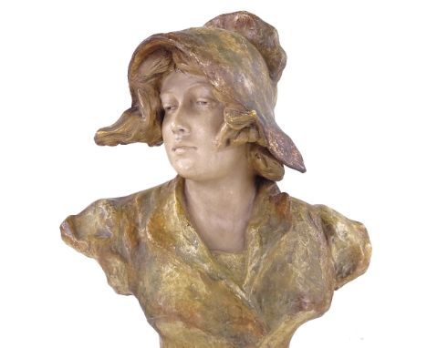 GOLDSCHEIDER - painted pottery bust of a woman wearing a bonnet, signed Xarinoff, height 35cmPaintwork slightly rubbed, no ch