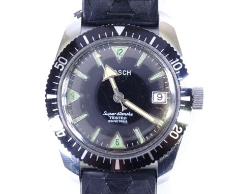 BOSCH - a Vintage stainless steel Super Etanche Diver's mechanical wristwatch, black dial with luminous arrow and baton hour 