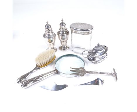 Various silver items, including mustard pot, pickle fork, dressing table jar, pair of pepperettes etcLot sold as seen unless 