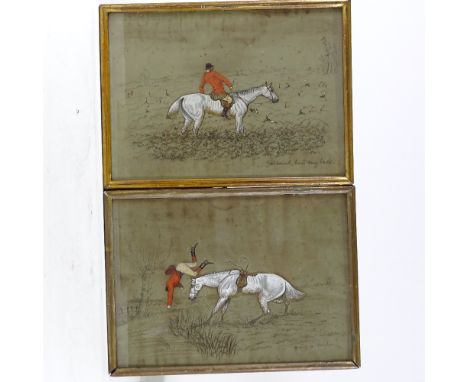 A set of 3 19th century coloured pastel hunting scene drawings, unsigned, 10" x 14", framedPaper is stained and foxed 