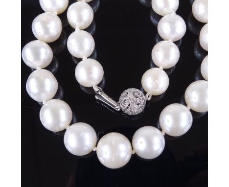 A single strand Princess South Sea pearl necklace, with 14ct white gold diamond set clasp, pearl diameter 12.9mm, necklace le