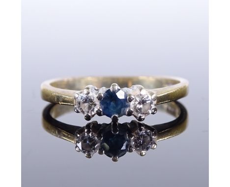 A late 20th century 9ct gold 3-stone sapphire and diamond ring, setting height 4.3mm, size K, 1.7gVery good original conditio