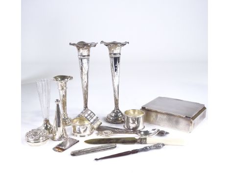 Various silver and plate, including Mappin & Webb cigarette box, silver money clip, napkin rings, bud vases etc, 3.5oz weigha