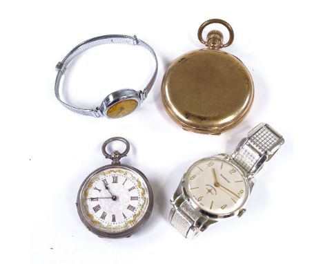 Various watches, including Swiss silver-cased fob watch, gold plated full-hunter pocket watch etc (4)Lot sold as seen unless 