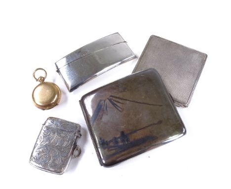 Various silver and plate, including Japanese Mount Fuji cigarette case, Art Deco compact, plated Vesta case etcLot sold as se