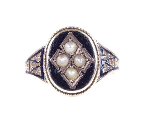 An early 20th century 9ct rose gold black enamel and split pearl mourning ring, enamelled shoulders with vacant glass back pa