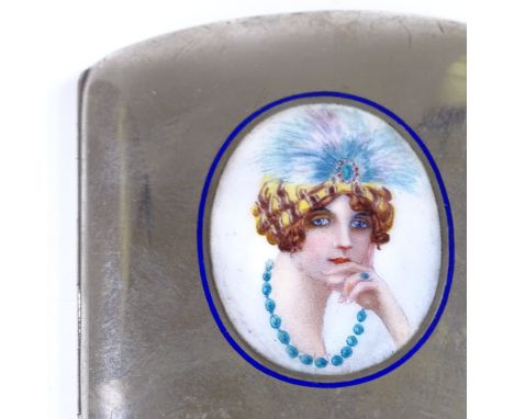 An early 20th century Continental silver and enamel panel curved cigarette case, hand painted panel depicting flapper girl, g