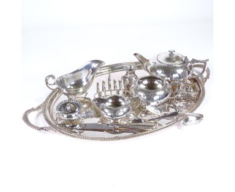 Various silver plate, including Barker Ellis for Harrods tea tray, apples menu holders, tea set etcLot sold as seen unless sp