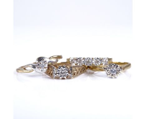 4 9ct gold diamond set rings, size K and P x 3, 8.6g total (4)Good overall condition, all stones present, settings lightly ab