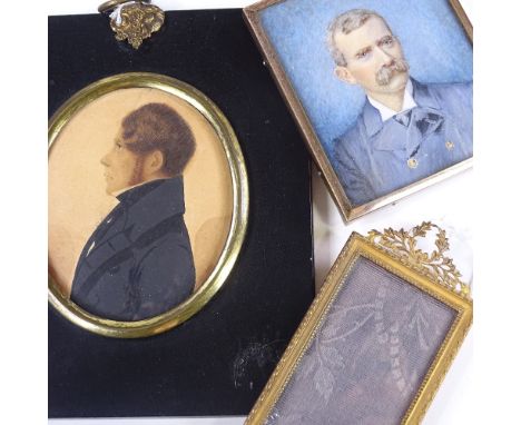 A 19th century miniature watercolour, portrait of a gentleman, in ebonised frame, a miniature watercolour portrait on ivory o