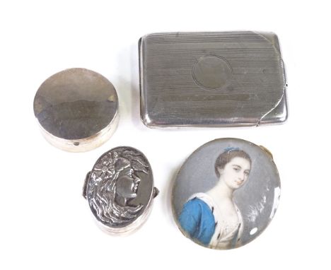 Various silver and collectables, including matchbook case, Art Nouveau style pillbox, hand painted miniature portrait etc (4)