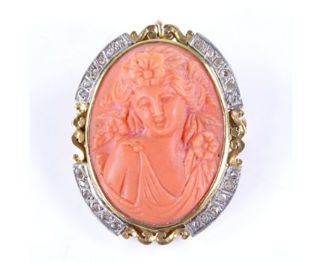 A 19th century relief carved coral cameo pendant/brooch, depicting female portrait, in unmarked gold frame, with rose-cut dia