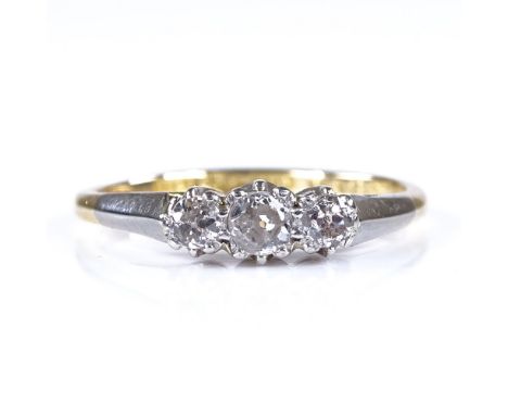 An early 20th century 18ct gold 3-stone diamond dress ring, platinum-top settings, total diamond content approx 0.1ct, settin