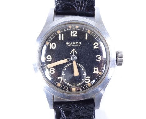 BUREN - a Second War Period British Military Issue nickel plated Grand Prix "Dirty Dozen" mechanical wristwatch, black dial w
