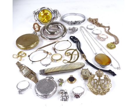 Various jewellery, including Swarovski bracelet, mother of pearl fruit knife, fob watch, amber bangle etcLot sold as seen unl