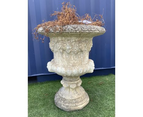 Stone effect garden urn/planter, egg and dart moulded rim, the body decorated with trailing vine leaves and grapes, the gadro