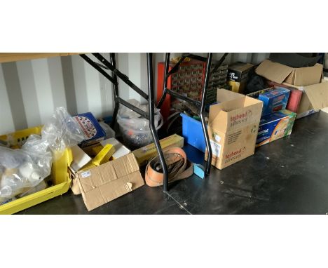 Large quantity of tools and other equipment to include, electrical fittings, hole saws, tecbond hot melt adhesive, tile cutte