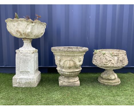 Composite stone scalloped urn on tall square plinth (H85cm), composite stone low planter with scrolled decoration (H45cm), la