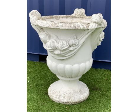 White painted composite stone garden urn planter, the body decorated with flower head swags, gadroon moulded undersideDimensi