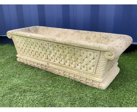 Cotswold Studios Ltd - rectangular garden planter, tapering form with crossover lattice scroll decoration Dimensions: Length/