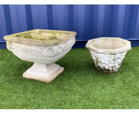 Composite stone garden urn planter (53cm x 53cm, H43cm), and a textured composite stone garden planter 