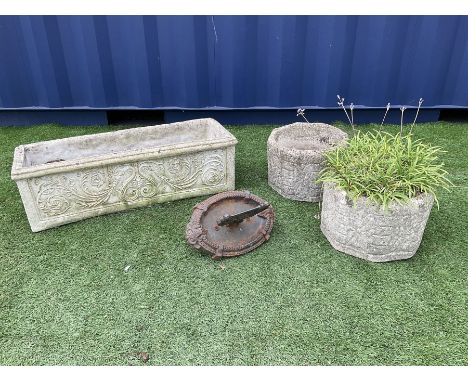 Rectangular stone effect planter, decorated in relief with s scrolls and trailing foliate (W83cm), pair octagonal planters (o
