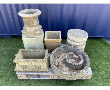 Composite stone rectangular planter, decorated with fruit swags (W54cm), circular composite planter, eight circular composite