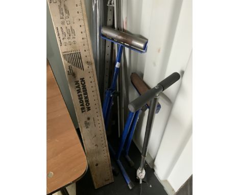 Angle iron, sash clamps, roller stands, pump etc.
