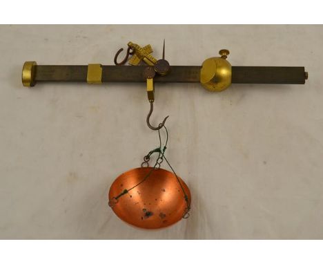 A set of late 19th/early 20th Century hanging brass beam scales, inscribed 'L Casella, London' - L28cm.