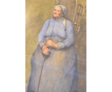 ? Wood -  seated old lady holding stick - 55x35cm watercolour, signed bottom right, framed and glazed