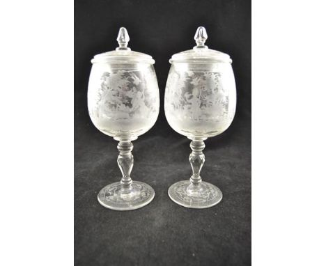 A pair of etched lidded goblets depicting hunting scenes - H19cmCONDITION REPORTgood condition