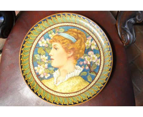 A Mintons painted plate by Ellen Welby, decorated with a young lady amongst blossom, signed to reverse, date code 1877 - diam