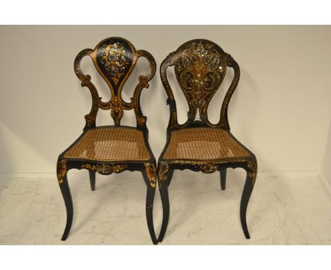 Two 19th century mother of pearl inlaid papier mache side chairs with shaped backs, both bearing TH Jennens brass plaquesCOND