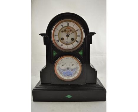 A 19th century French black slate calendar clock, visible escapement, calendar dial below with moonphase - H41cm, W35cmCONDIT