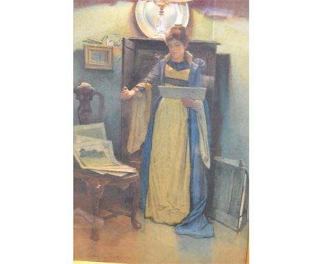 Carlton Alfred Smith (1853-1946) - lady reading by lamplight in interior scene - 56x32cm watercolour, signed bottom left and 