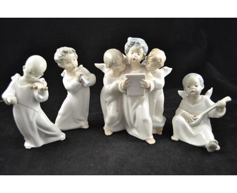 Four Lladro porcelain figures - three cherubs singing, H18.5cm; cherub playing horn, H16cm; cherub playing lute, H11cm; cheru