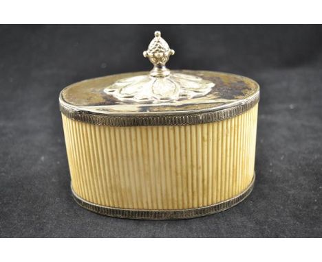 A 19th century ribbed ivory tea caddy with silver plated mounts, lid surmounted by a pineapple finial, maker Henry Wilkinson 