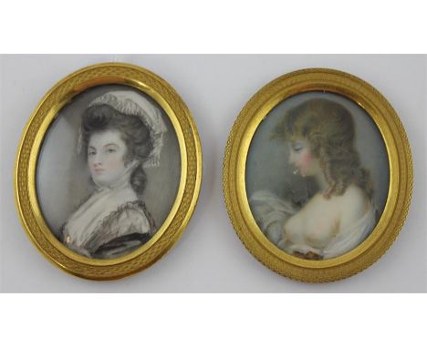 An Associated pair Georgian portrait miniatures, ladies painted on Ivory, one scantily clad and the other bearing label inked