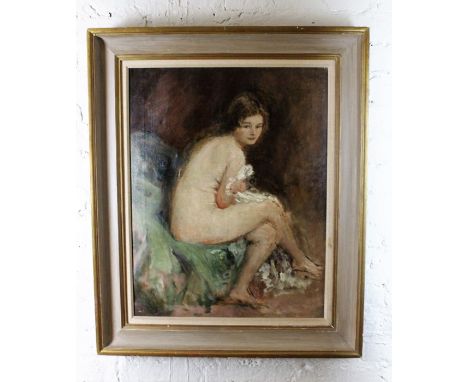 Attributed to Philip Wilson Steer (1860-1942), Portrait of a nude female seated cross legged on a chair, oil on canvas, unsig