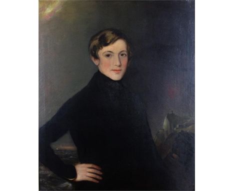 19th Century School, Portrait of a young man, half length, standing before a seascape with lighthouse in the distance on rock