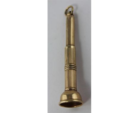 A 9ct. yellow gold cigar pricker, by William Manton Ltd, of circular section with sprung telescopic action and engine turned 