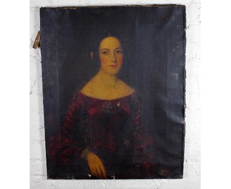 19th century English School, Portrait of a Lady, half length wearing an off the shoulder red dress, oil on canvas, 75cm x 61c