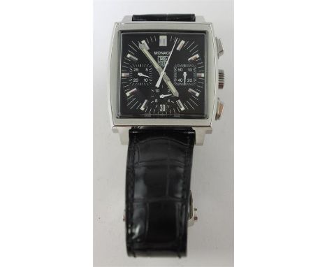 A gentleman's TAG Heuer "Monaco" stainless steel automatic chronometer wrist watch, Ref; CW2111-0, having black square dial w