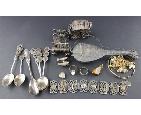 A quantity of silver collectables and jewellery, to include; three Dutch silver novelty miniatures of a lute, cattle driven w