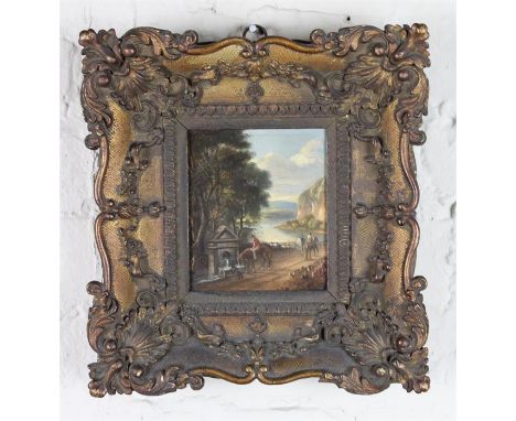 Late 18th/early 19th century School, figures on horseback with dog taking water from a well in a lake scape, oil on wood pane